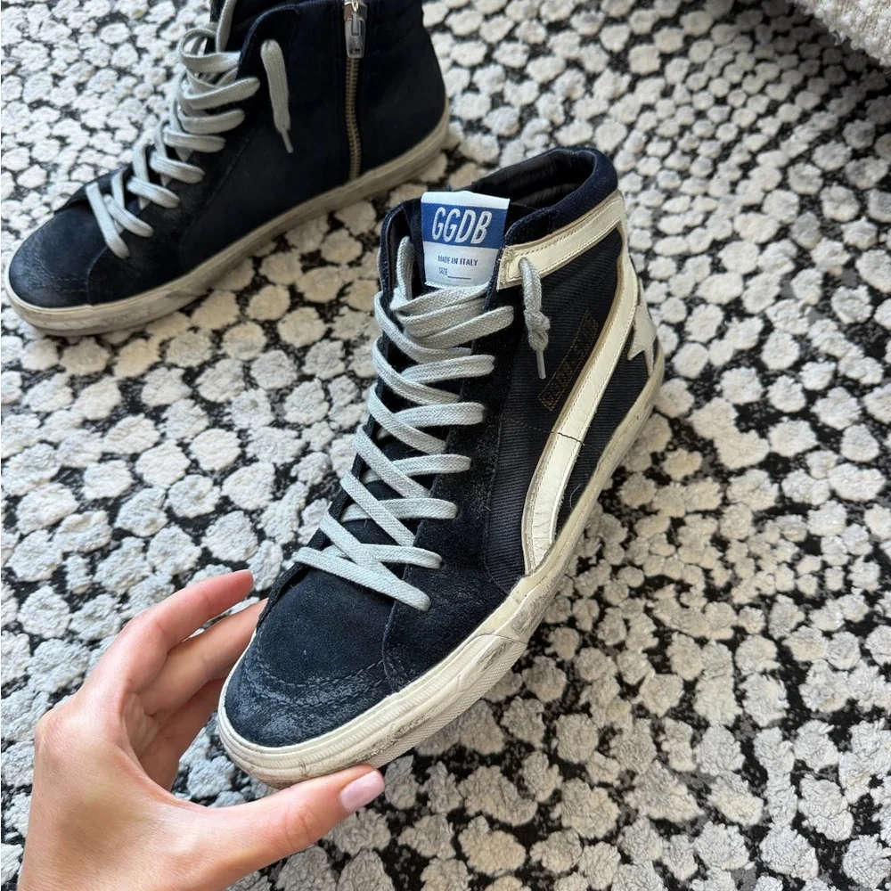 Golden Goose Slide High-Top Sneakers in Black with White Laces - Picture 3 of 9